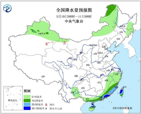 中央气象台全国降水量预报图。